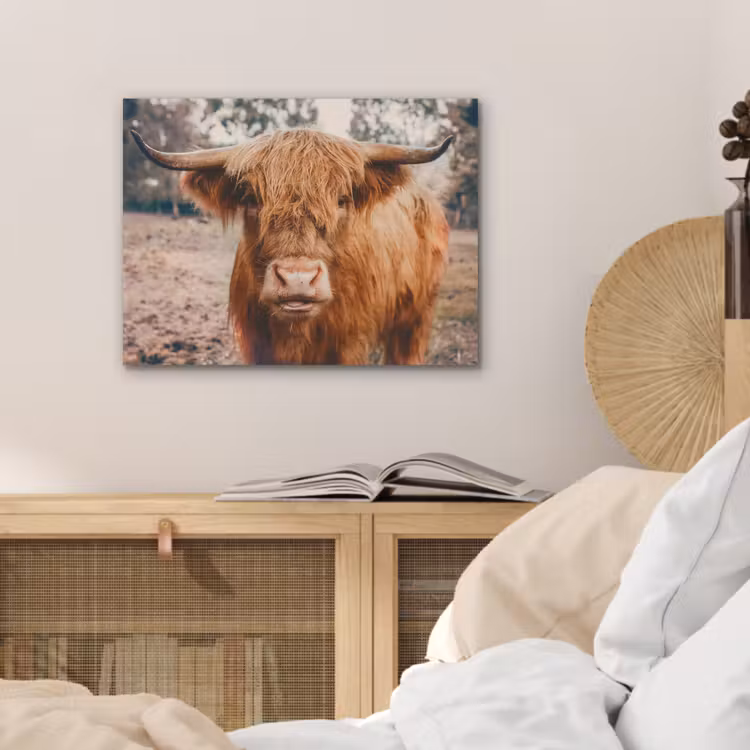 Koe- Schotse hooglander - Hoorns - Bruin - Landschap PET vilt klein -sfeer3