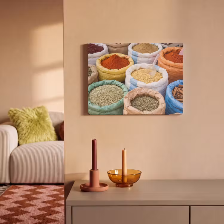 Akoestisch schilderij - Kruiden - Zakken - Markt - Kruiden - Zakken - Markt PET vilt klein