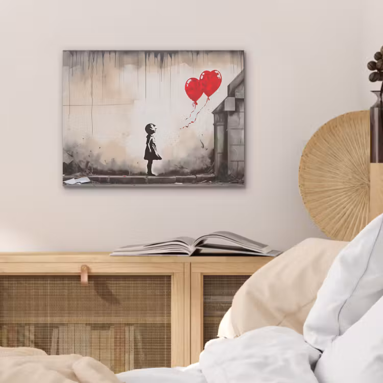 Kunst - Meisje - Ballonnen - Hart - Grijs PET vilt klein -sfeer3