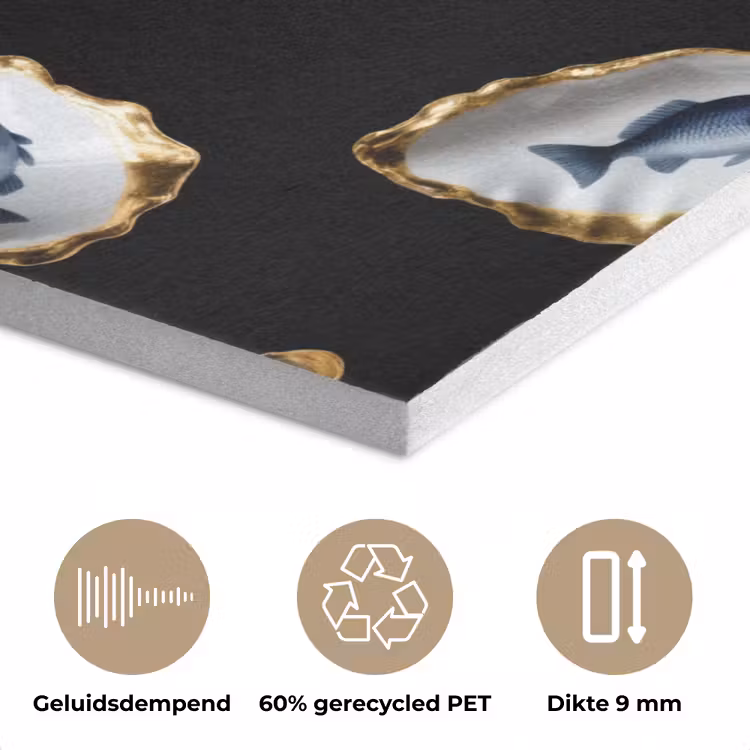 Oesters - Vissen - Blauw - Goud PET vilt klein -closeup_NL
