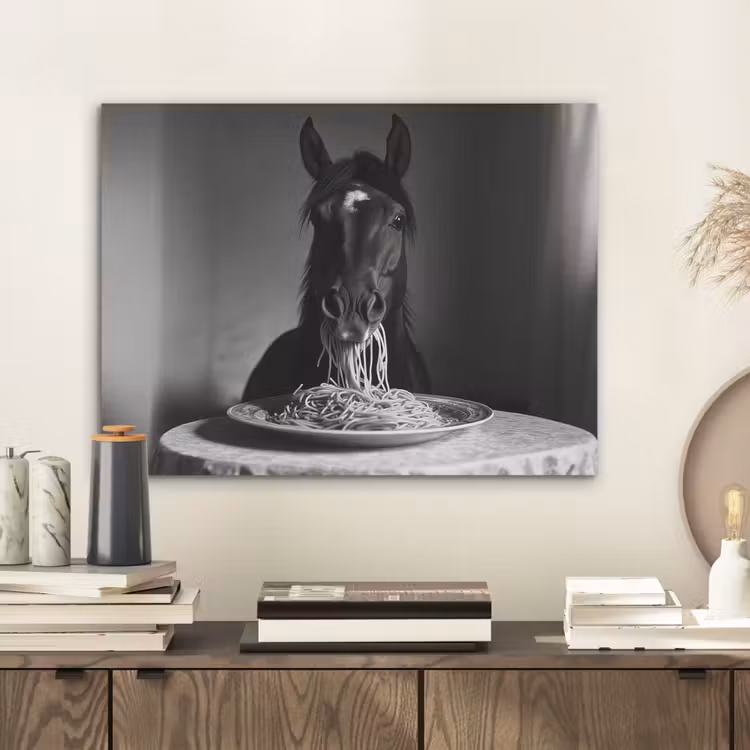 Paard - Bord - Pasta - Tafelkleed - Zwart Wit - Dieren PET vilt klein -sfeer1