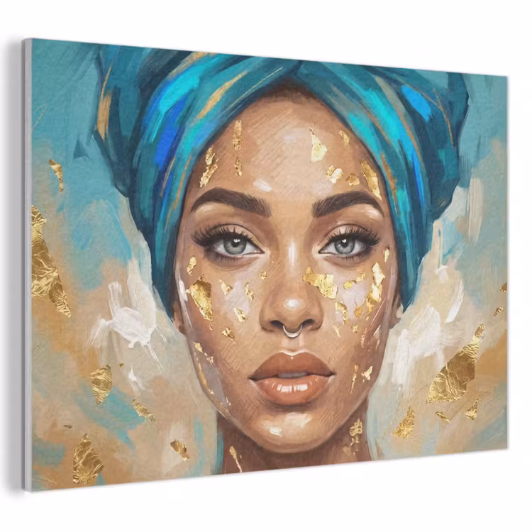 Portret - Vrouw - Schilderij - Blauw - Goud - Expressief PET vilt klein -3d