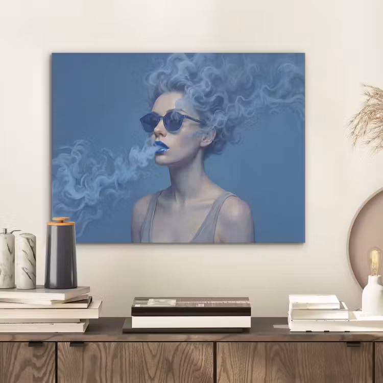 Portret - Zonnebril - Rook - Abstract - Blauw PET vilt klein -sfeer1