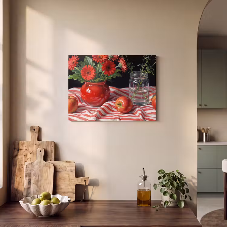 Akoestisch schilderij - Rode bloemen - Vaas - Rode bloemen - Vaas PET vilt klein