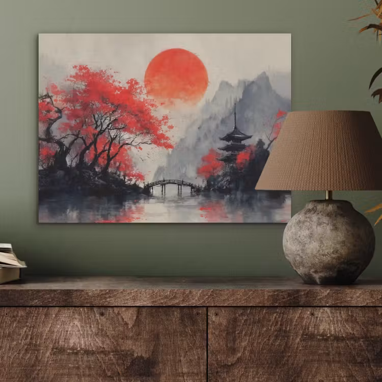 Rode zon - Rivier - brug - Bomen PET vilt klein -sfeer2