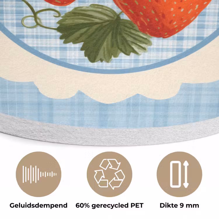 Aardbeien - Lijst - Rood - Geruit Akoestische PET Vilt - Rond klein -closeup_NL