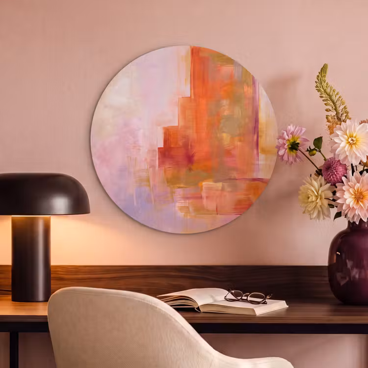 Abstract - Borstelstreken - Kunst - Paars - Goud Akoestische PET Vilt - Rond klein -sfeer3