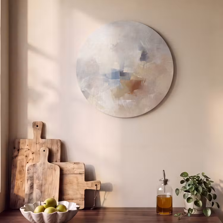 Abstract - Borstelstreken - Modern - Beige - Kunst Akoestische PET Vilt - Rond klein -sfeer2