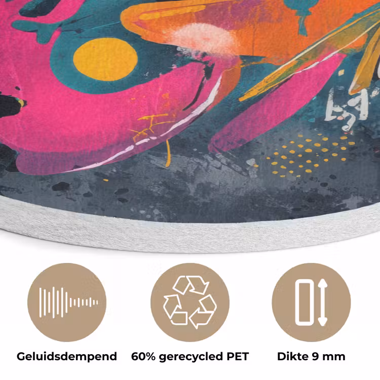 Abstract - Graffiti - Kleurrijk - Verfspatten Akoestische PET Vilt - Rond klein -closeup_NL