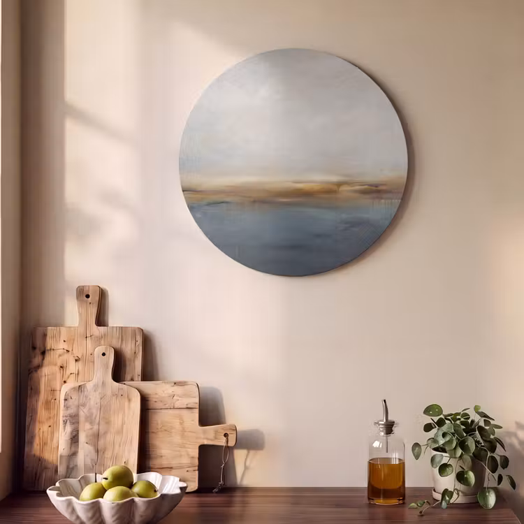 Abstract - Horizon - Water - Modern - Beige Akoestische PET Vilt - Rond klein -sfeer2