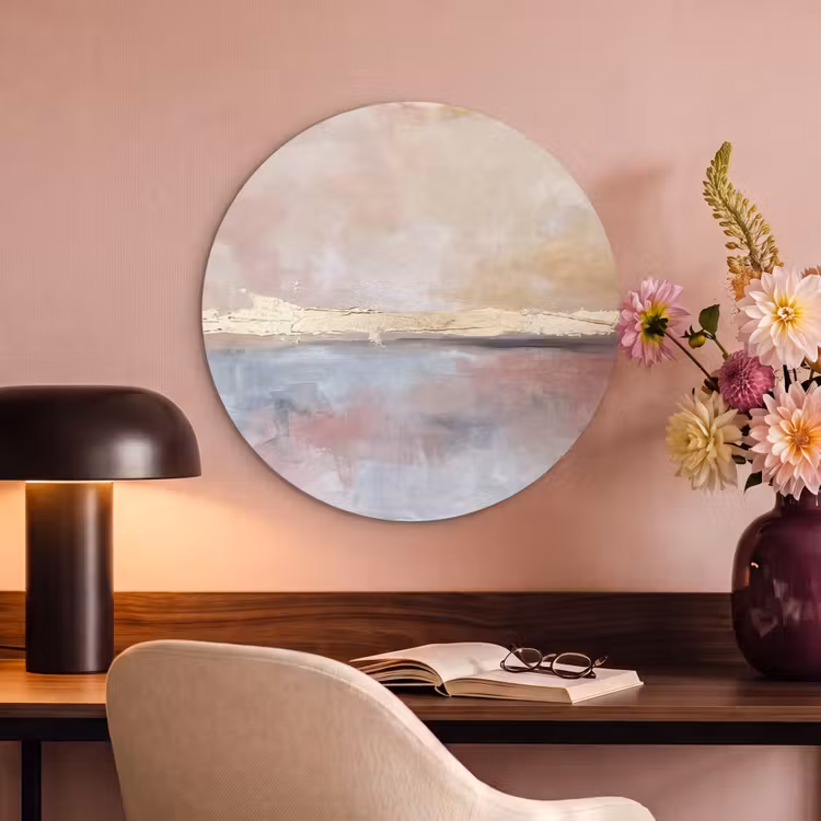 Abstract - Horizontaal - Kunst - Roze - Goud Akoestische PET Vilt - Rond klein -sfeer3