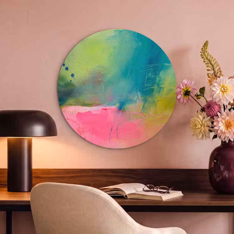Abstract - Kleuren - Modern - Groen - Roze Akoestische PET Vilt - Rond klein -sfeer3