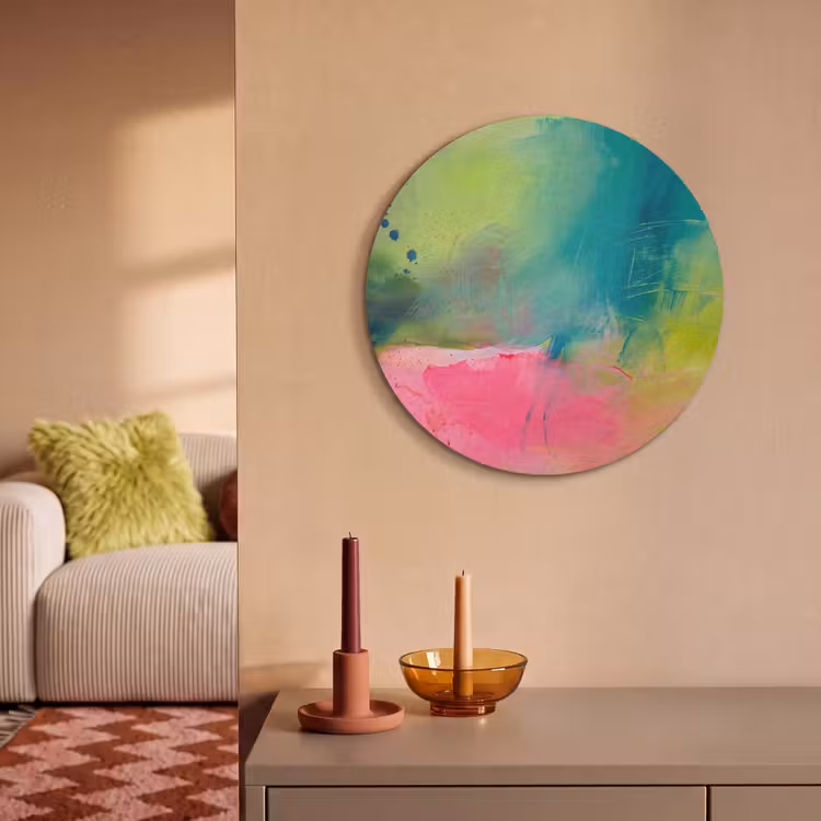 Abstract - Kleuren - Modern - Groen - Roze Akoestische PET Vilt - Rond klein -sfeer1