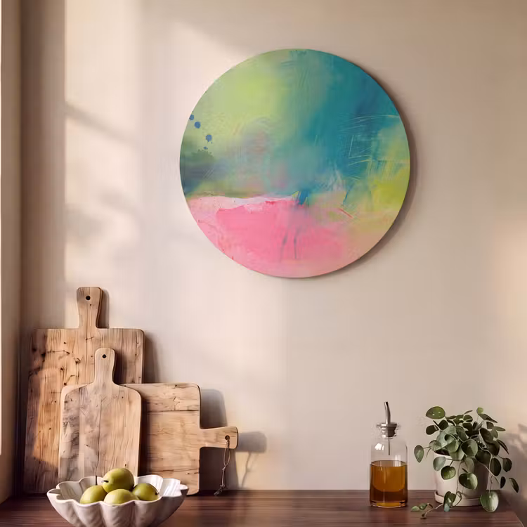 Abstract - Kleuren - Modern - Groen - Roze Akoestische PET Vilt - Rond klein -sfeer2