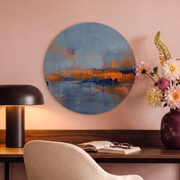 Abstract - Kleuren - Modern - Oranje - Grijs Akoestische PET Vilt - Rond klein -sfeer3