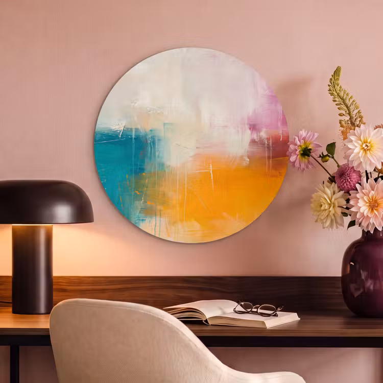 Abstract - Kleurrijk - Modern - Kunst - Oranje Akoestische PET Vilt - Rond klein -sfeer3