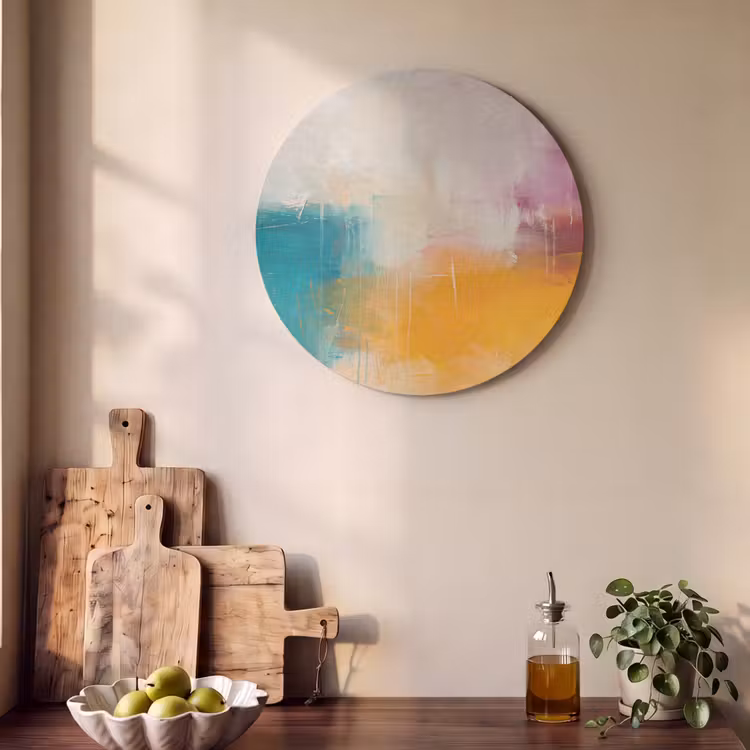 Abstract - Kleurrijk - Modern - Kunst - Oranje Akoestische PET Vilt - Rond klein -sfeer2