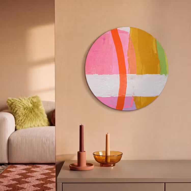 Abstract - Kleurrijk - Vormen - Modern - Kunst Akoestische PET Vilt - Rond klein -sfeer1