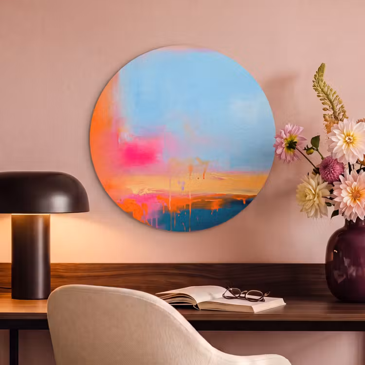 Abstract - Kleurvlakken - Modern - Oranje - Blauw Akoestische PET Vilt - Rond klein -sfeer3