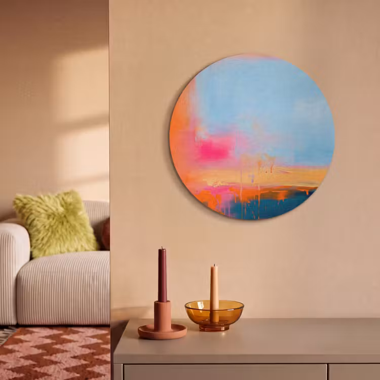 Abstract - Kleurvlakken - Modern - Oranje - Blauw Akoestische PET Vilt - Rond klein -sfeer1