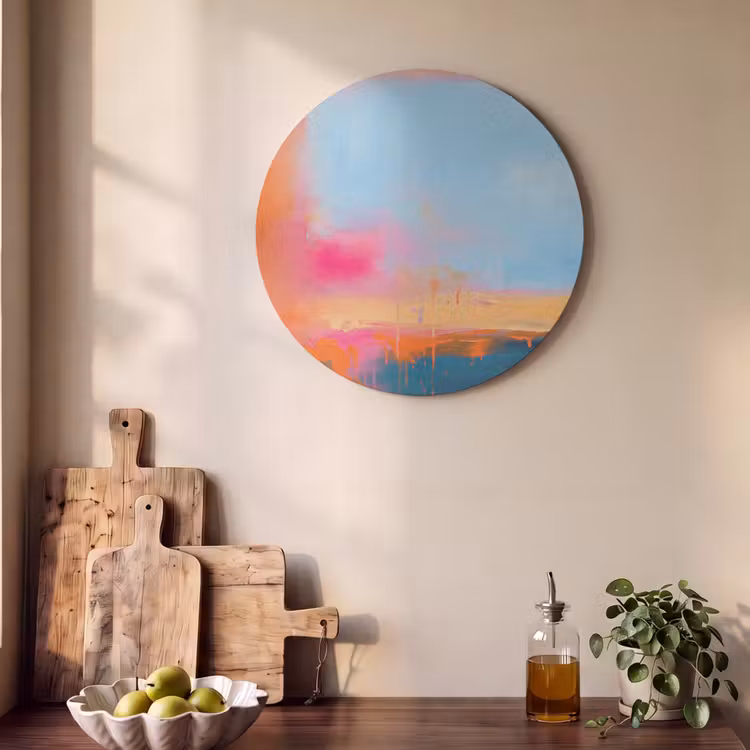 Abstract - Kleurvlakken - Modern - Oranje - Blauw Akoestische PET Vilt - Rond klein -sfeer2