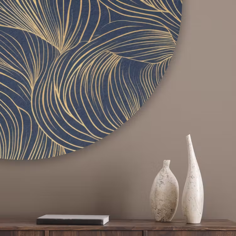 Abstract - Lijnen - Blauw - Goud Akoestische PET Vilt - Rond klein 838 -sfeer5_closeup