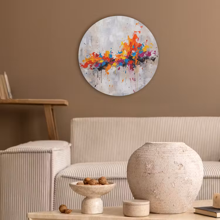 Abstract - Schilderij - Kleurrijk - Dynamisch Akoestische PET Vilt - Rond klein -sfeer1