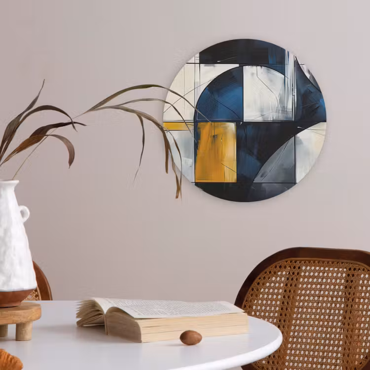 Abstract - Vormen - Goud - Blauw - Geometrisch Akoestische PET Vilt - Rond klein -sfeer3