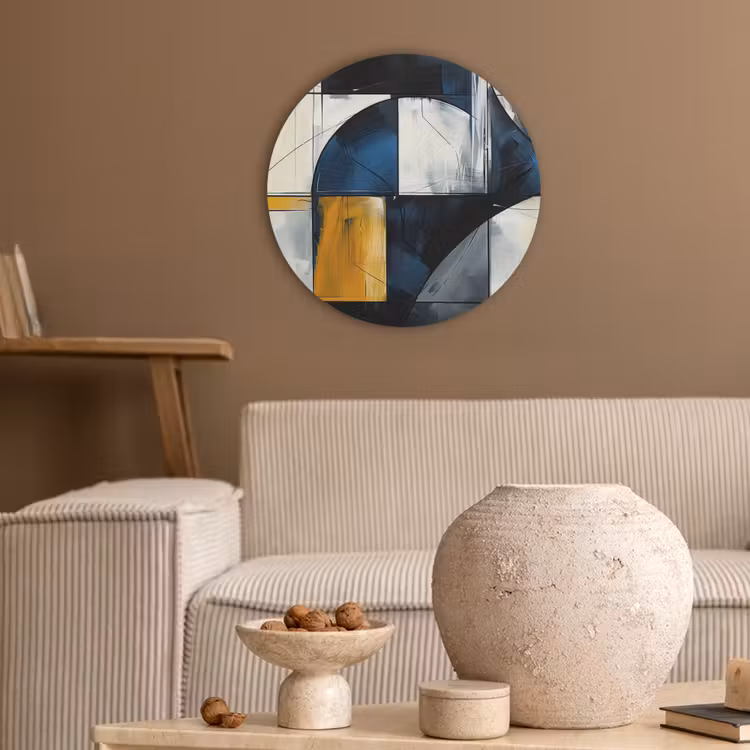 Abstract - Vormen - Goud - Blauw - Geometrisch Akoestische PET Vilt - Rond klein -sfeer1