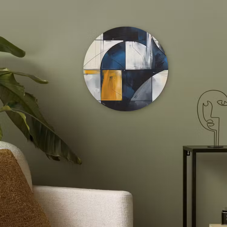 Abstract - Vormen - Goud - Blauw - Geometrisch Akoestische PET Vilt - Rond klein -sfeer2