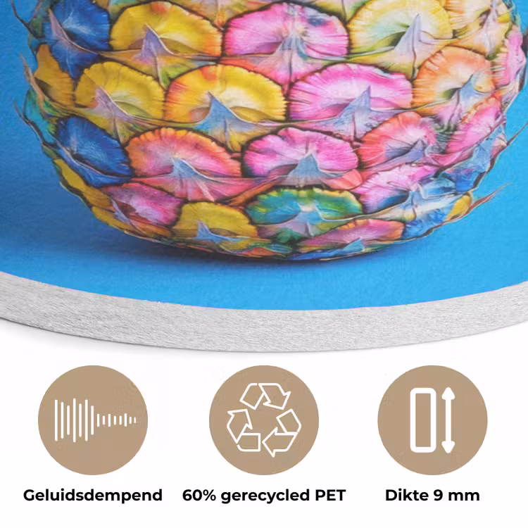 Ananas - Blauw - Tropisch - Vrolijk Akoestische PET Vilt - Rond klein -closeup_NL