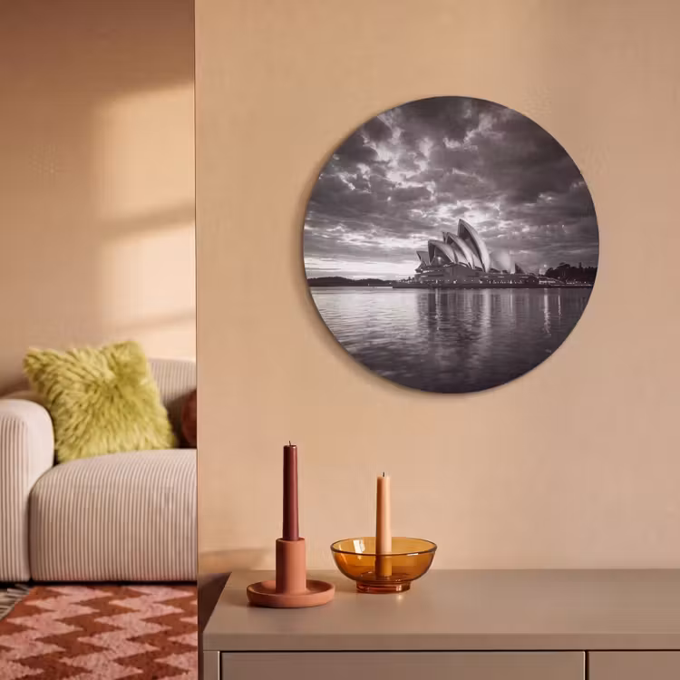 Architectuur - Water - Stad - Modern - Zwart-wit Akoestische PET Vilt - Rond klein -sfeer1