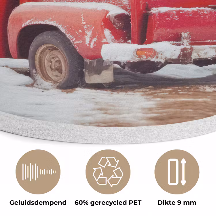 Auto - Rood - Cadeaus - Winter - Sneeuw - Kerst Akoestische PET Vilt - Rond klein -closeup_NL