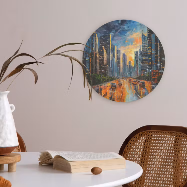 Auto - Skyline - Zon - Blauw Akoestische PET Vilt - Rond klein -sfeer3