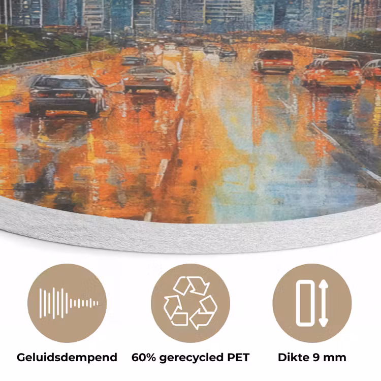 Auto - Skyline - Zon - Blauw Akoestische PET Vilt - Rond klein -closeup_NL