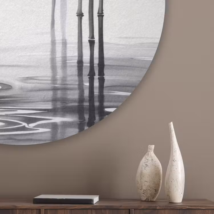 Bamboestammen - Water - Minimalistisch - Wit Akoestische PET Vilt - Rond klein -sfeer5_closeup