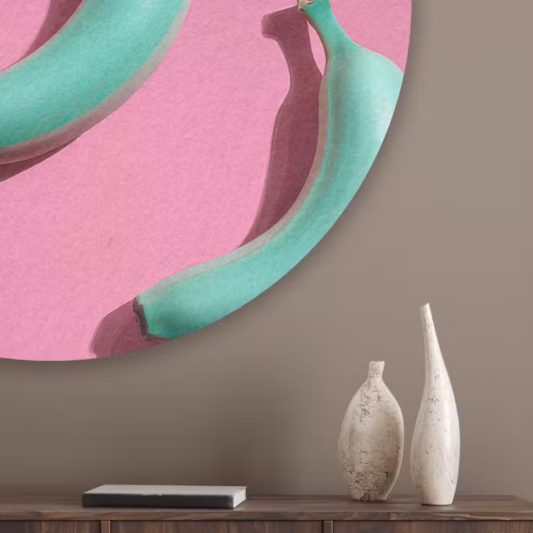 Bananen - Patroon - Blauw - Roze Akoestische PET Vilt - Rond klein -sfeer5_closeup