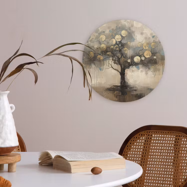 Beige - Abstract - Boom - Goud Akoestische PET Vilt - Rond klein -sfeer3