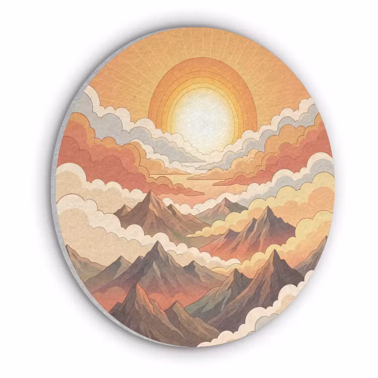 Bergen - Wolken - Natuur - Zonsopgang - Oranje Akoestische PET Vilt - Rond klein -3d