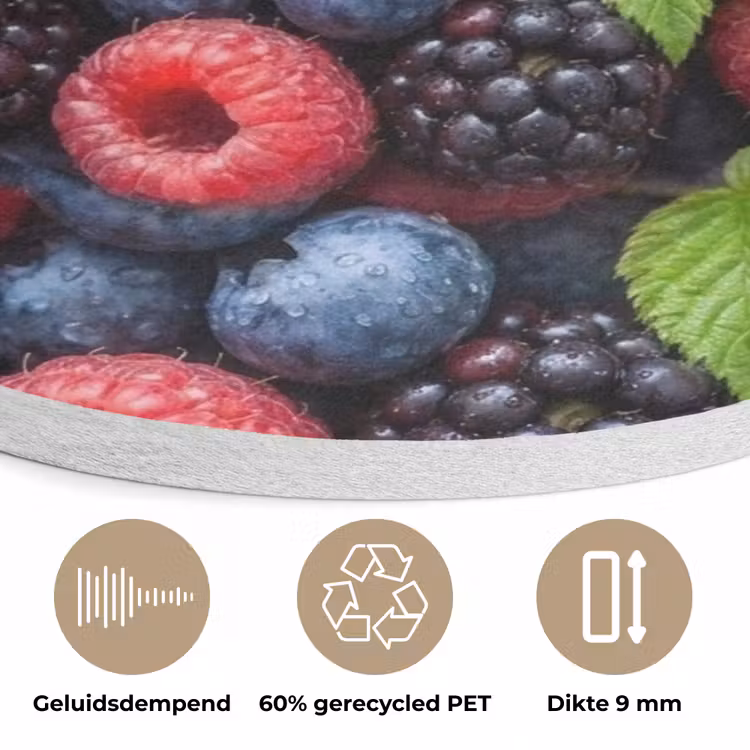 Bessen - Vers - Waterdruppels - Kleurrijk - Eten Akoestische PET Vilt - Rond klein -closeup_NL