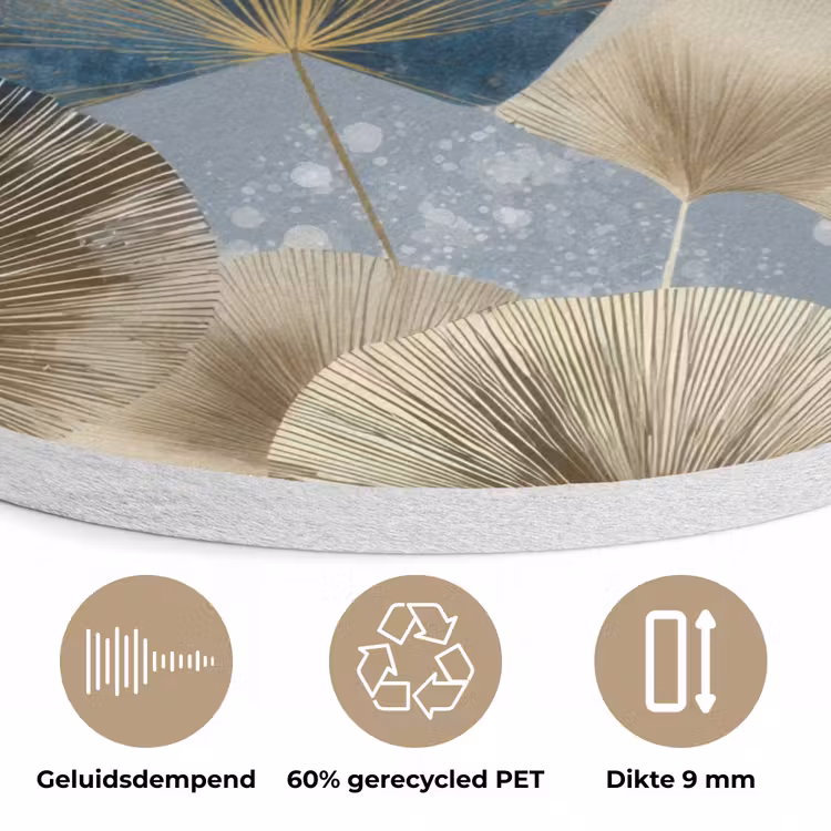Bladeren - Abstract - Goud - Blauw Akoestische PET Vilt - Rond klein -closeup_NL