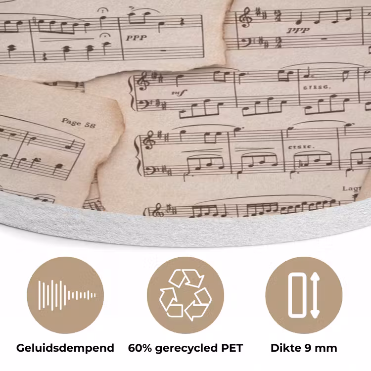 Bladmuziek - Oud - Noten - Vintage - Beige Akoestische PET Vilt - Rond klein -closeup_NL