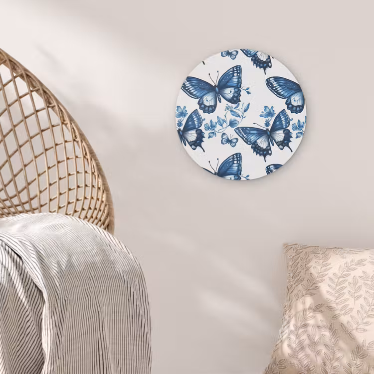 Blauw - Vlinders - Bloemen - Wit Akoestische PET Vilt - Rond klein 838 -sfeer4