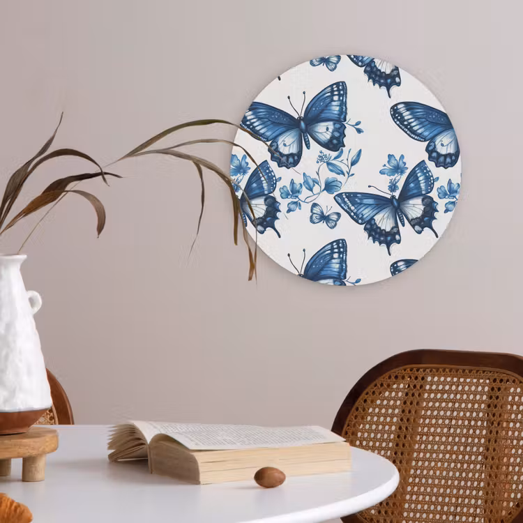Blauw - Vlinders - Bloemen - Wit Akoestische PET Vilt - Rond klein 838 -sfeer3