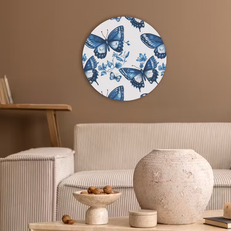 Blauw - Vlinders - Bloemen - Wit Akoestische PET Vilt - Rond klein 838 -sfeer1