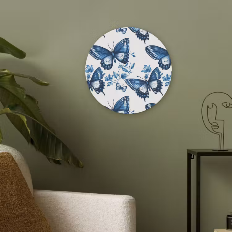 Blauw - Vlinders - Bloemen - Wit Akoestische PET Vilt - Rond klein 838 -sfeer2