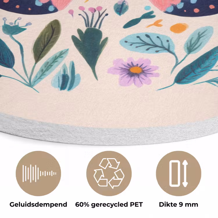 Bloemen - Bladeren - Vlinder - Kleurrijk Akoestische PET Vilt - Rond klein -closeup_NL