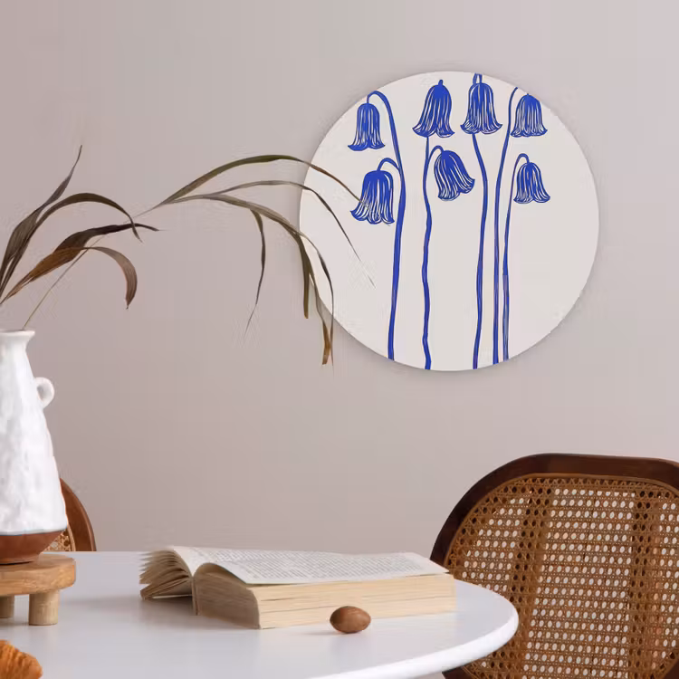 Bloemen - Blauw - Lijnen - Bloemblaadjes Akoestische PET Vilt - Rond klein -sfeer3