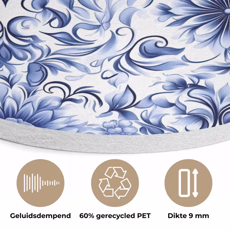 Bloemen - Blauw - Patroon - Wit Akoestische PET Vilt - Rond klein 838 -closeup_NL