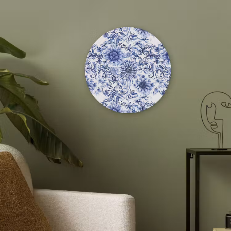 Bloemen - Blauw - Patroon - Wit Akoestische PET Vilt - Rond klein 838 -sfeer2